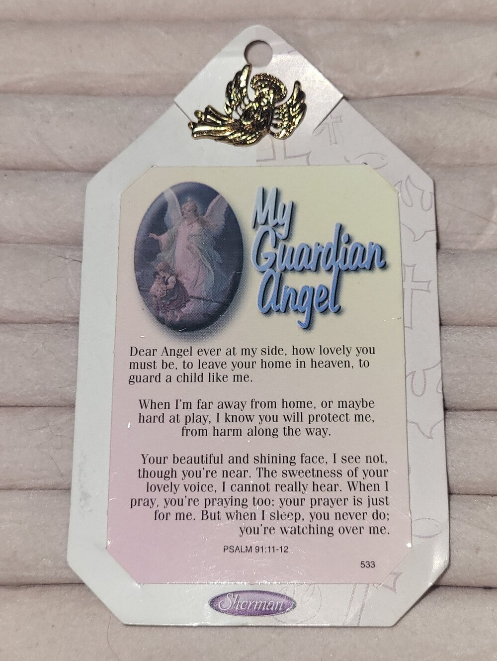 👻 Vintage H.J. Sherman Guardian Angel Lapel Pin & Poem Prayer Card Set